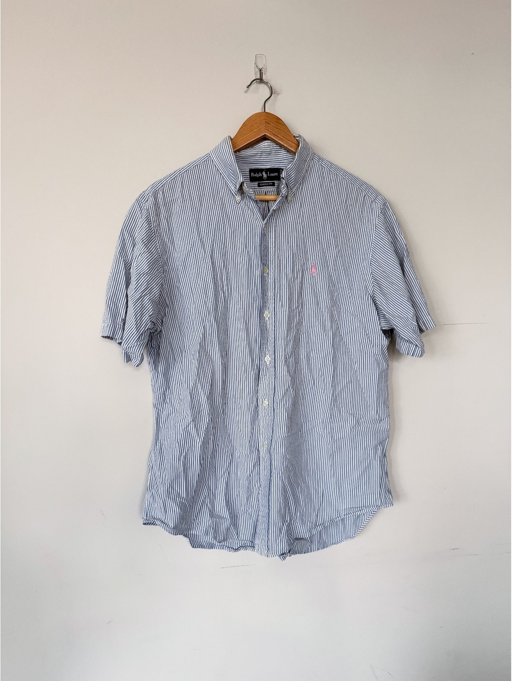 VTG Ralph Lauren Shirt Large Seersucker Blue White Stripe Classic Preppy Pony